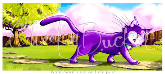 cheekybucket purple cat,childrens cat wall art,colourful kids prints,decorative kids animal prints