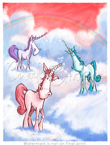 cheekybucket three unicorns,childrens unicorns wall art,colourful kids prints,decorative kids animal prints