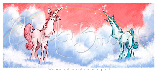 cheekybucket two unicorns,childrens unicorns wall art,colourful kids prints,decorative kids animal prints
