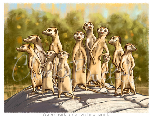 cheekybucket meerkat gang,childrens meerkats wall art,colourful kids prints,bedroom wall art,decorative kids animal prints
